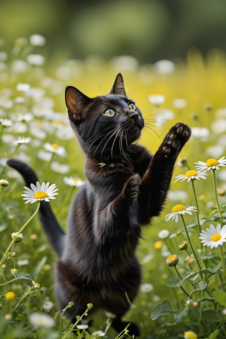 A curious little black cat stands on its hind legs in a lush green field,  gently reaching up with small forepaws to touch...