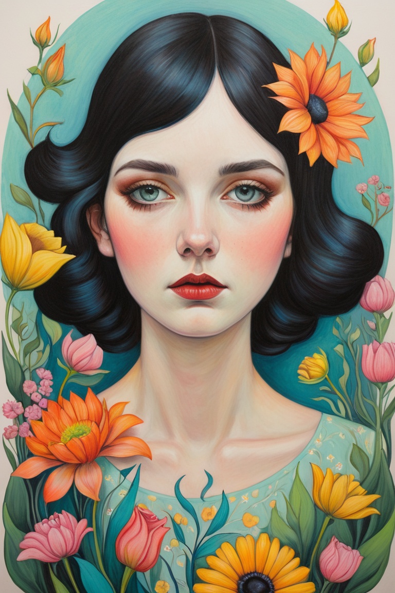 oil pastel ,  woman and flowers ,  by Amy Earles and Thomas Saliot in the style of Martine Johanna and Cynthia Sheppard on...