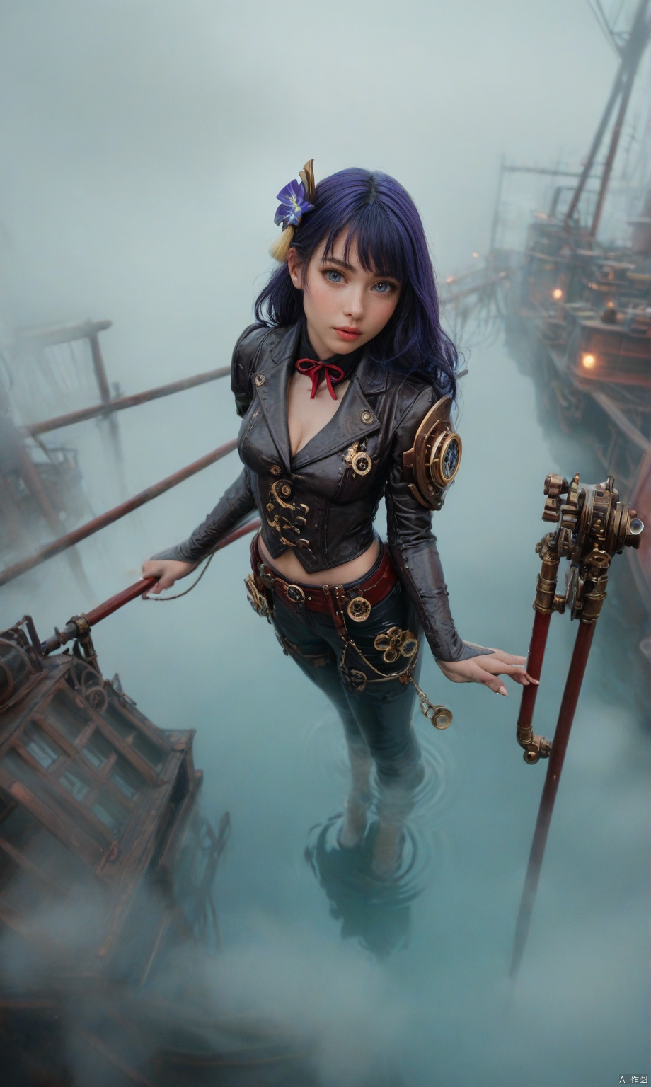 score_9,score_8_up,score_7_up,
raiden shogun,steampunk,girl wearing sci-fi clothes with weird metal parts all over her clothes,the background is a complex city full of pipe gears,water vapor,fog,from_above,breasts_focus,