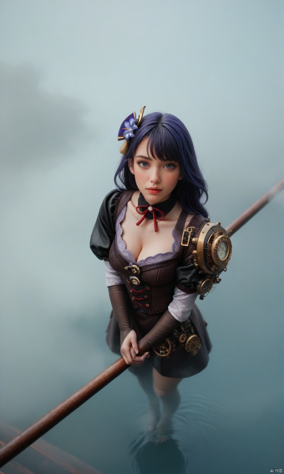 score_9,score_8_up,score_7_up,
raiden shogun,steampunk,girl wearing sci-fi clothes with weird metal parts all over her clothes,the background is a complex city full of pipe gears,water vapor,fog,from_above,breasts_focus,
