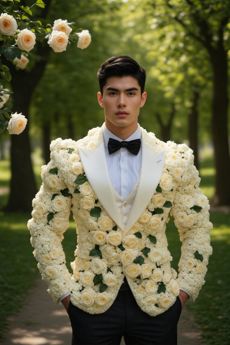 A stunning shot of a chiseled,  muscular male in a majestic tuxedo made entirely of large sky blue roses,  standing agains...