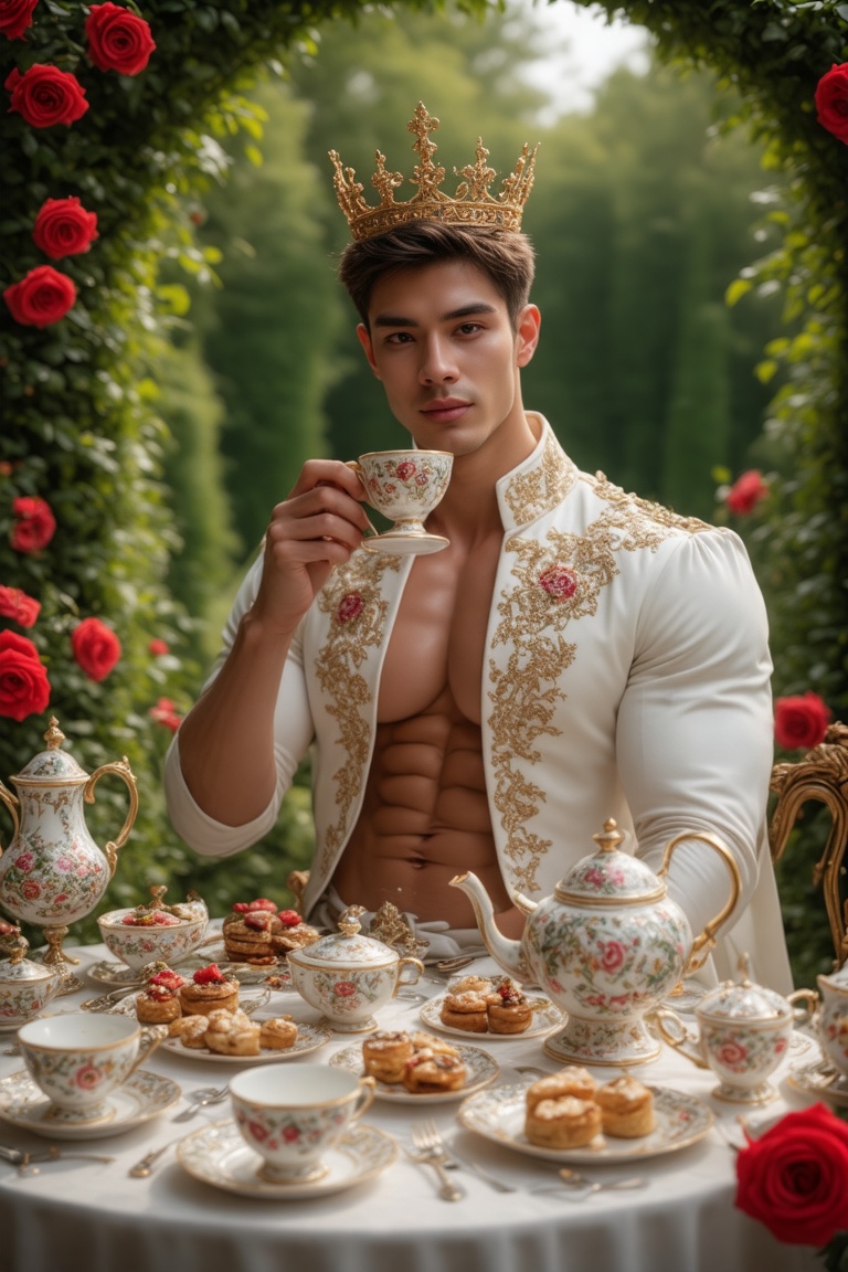 A fantasy scene set in a lush,  enchanted garden during a majestic royal tea time. The central figure is a stunning young...