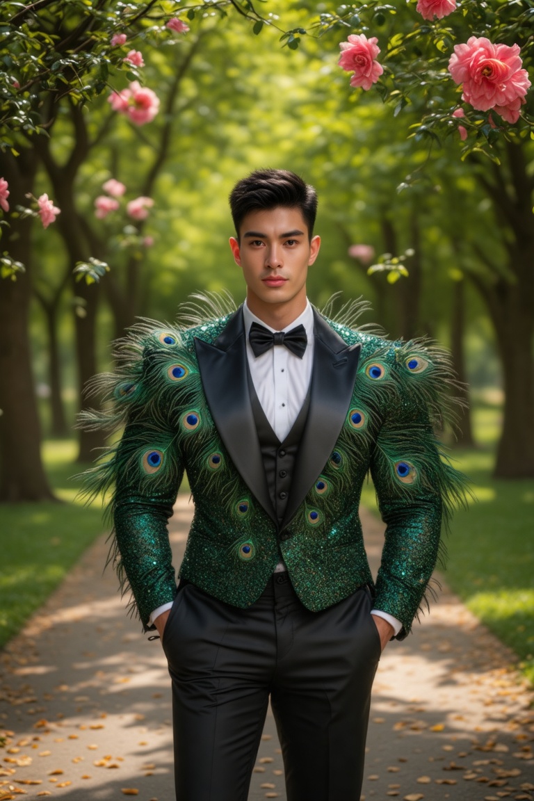 A stunning shot of a chiseled,  muscular male in a majestic tuxedo made entirely a tons of peacock feathers,  standing aga...
