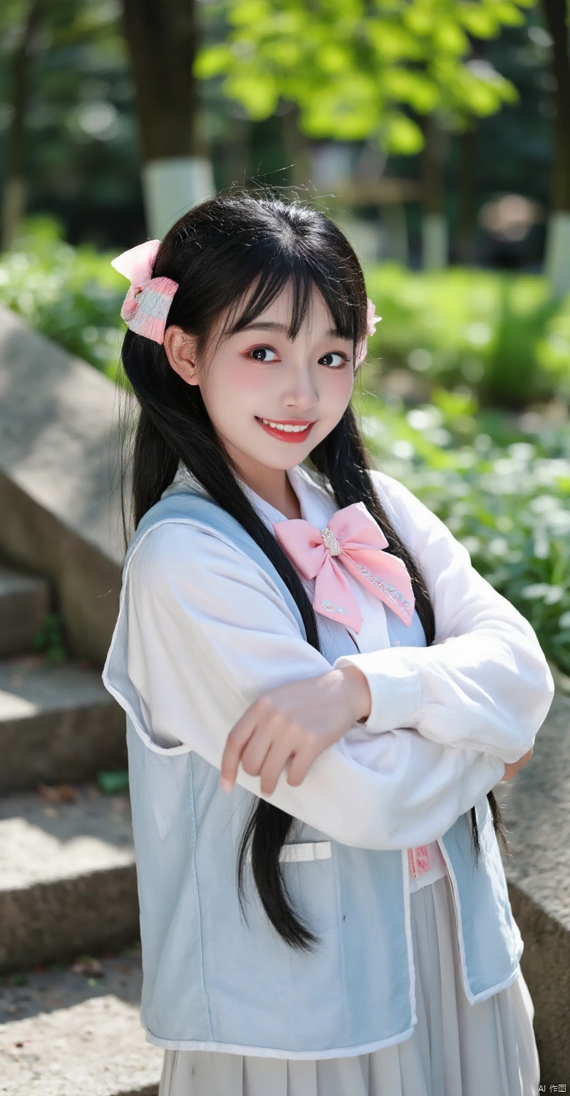 xhhieu,(best quality,4k,8k,highres,masterpiece:1.2),ultra-detailed,(realistic,photorealistic,photo-realistic:1.37),long dark hair,pink bow clip,light blue vest,pink and white bows,beautiful detailed eyes,beautiful detailed lips,extremely detailed eyes and face,long eyelashes,girl in a park,stone staircase,trees,green grass,sunny day,soft lighting,shadows,summer afternoon,serene atmosphere,peaceful,relaxed expression,smiling,standing pose,side view,flowers,leaves,gentle breeze,photography,landscape,vivid colors,bokeh,HDR,UHD,studio lighting,ultra-fine painting,sharp focus,physically-based rendering,extreme detail description,professional,