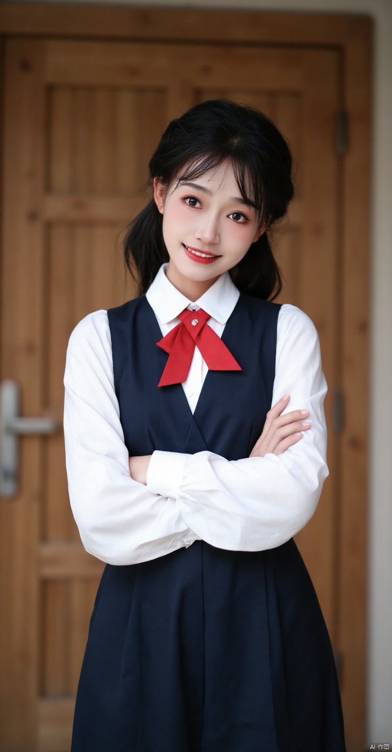 xhhieu,(best quality,4k,8k,highres,masterpiece:1.2),ultra-detailed,(realistic,photorealistic,photo-realistic:1.37),A person standing,white shirt,dark blue dress,red tie,wooden door,beautiful detailed eyes,beautiful detailed lips,extremely detailed eyes and face,long eyelashes,confident expression,standing straight,professional attire,slight smile,indoor setting,soft natural light,cozy atmosphere,modern interior,neutral background,subtle shadows,rich textures,sharp focus,physically-based rendering,portrait,calm and composed,earth tones,gentle highlights,vivid colors,bokeh