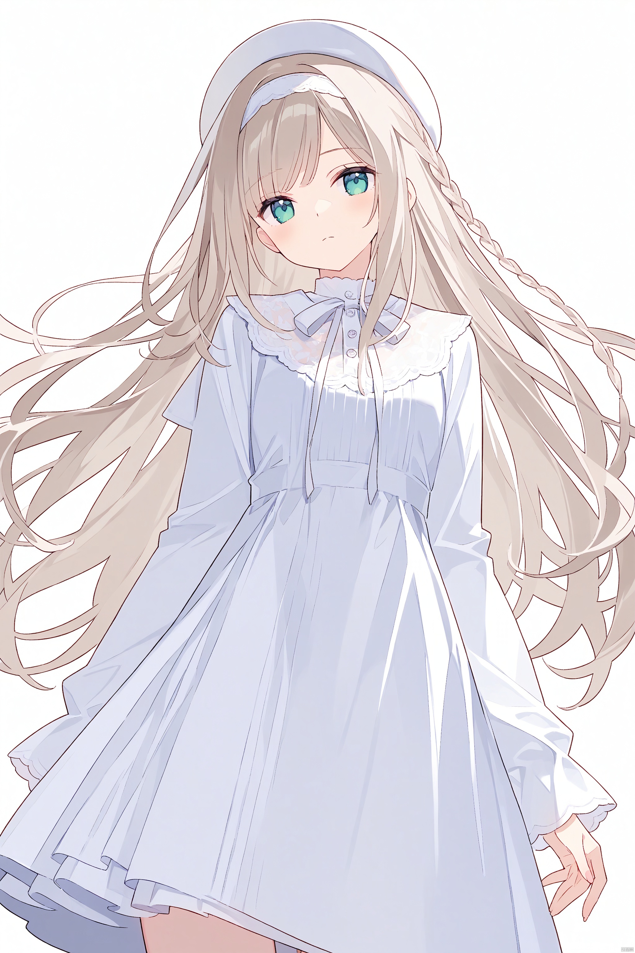 1girl, beret, braid, closed_mouth, dress, hat, long_hair, long_sleeves, simple_background, solo, white_background, white_hairband