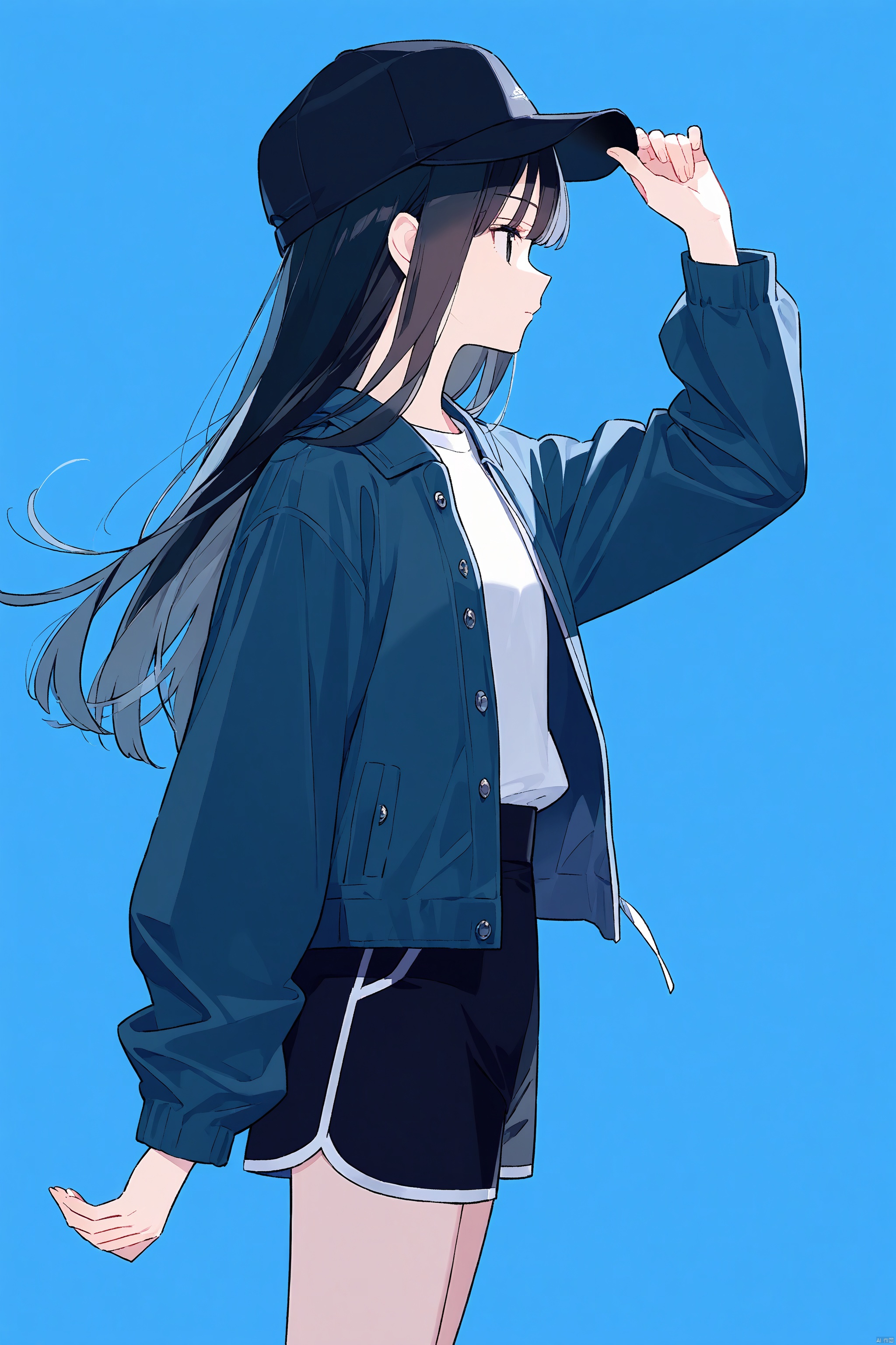 1girl, solo, long hair, bangs, skirt, shirt, black hair, long sleeves, hat, closed mouth, jacket, shorts, from side, black headwear, profile, blue background, black shorts, hand on headwear