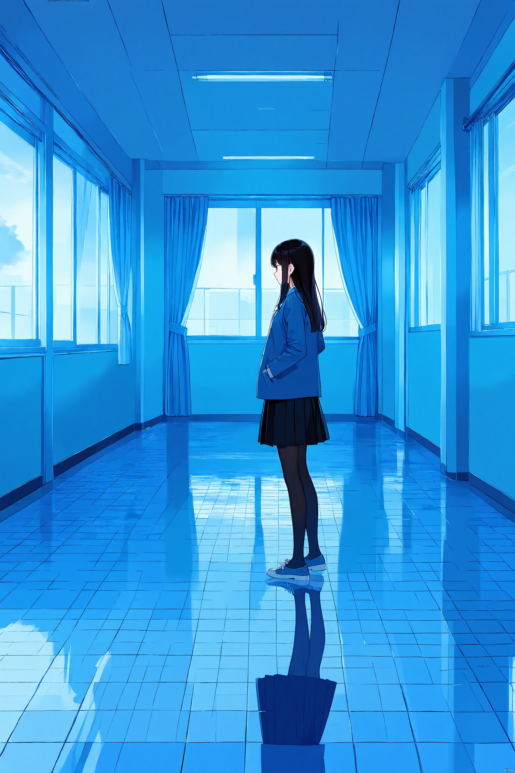 1girl, solo, long hair, skirt, long sleeves, standing, jacket, pantyhose, pleated skirt, shoes, indoors, black skirt, window, curtains, reflection, blue theme, hands in pockets, tiles, tile floor
