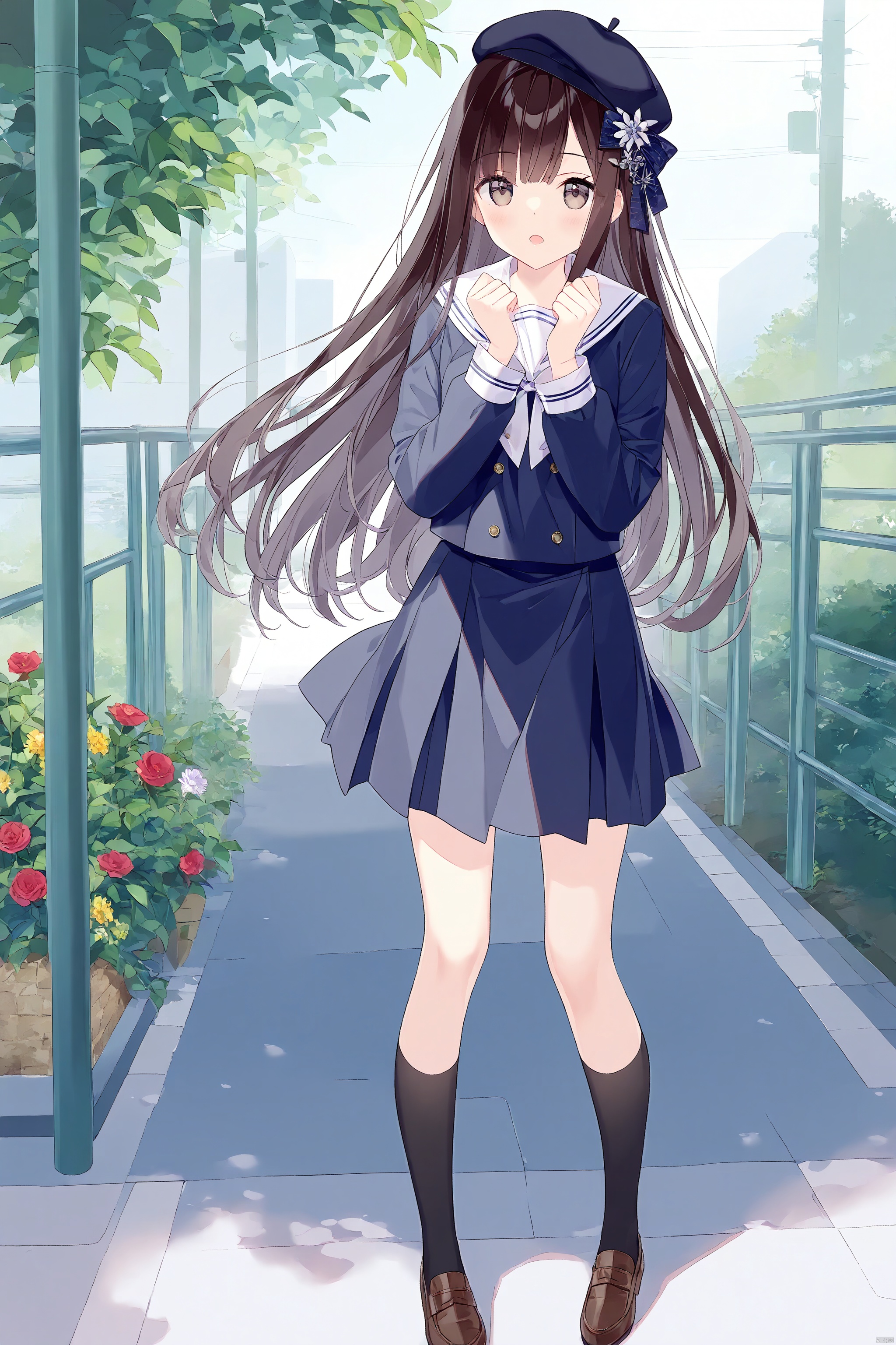 1girl, beret, black_legwear, brown_footwear, flower, full_body, hair_ornament, hat, loafers, long_hair, long_sleeves, looking_at_viewer, open_mouth, school_uniform, shoes, skirt, solo, standing, tachi-e, clear_bg