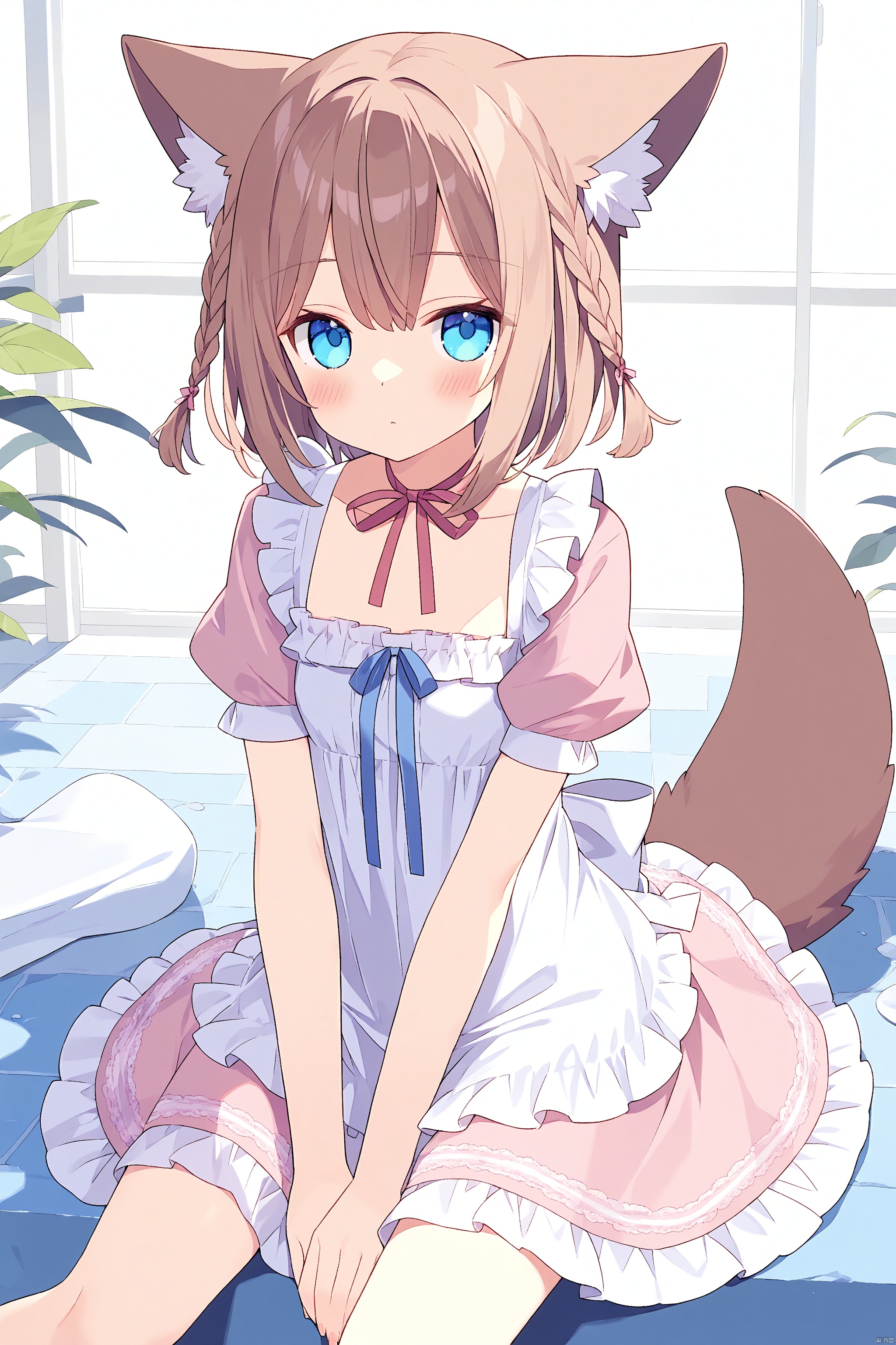1girl, animal_ear_fluff, animal_ears, blue_eyes, blush, braid, brown_hair, dress, frills, short_hair, sitting, solo, tail