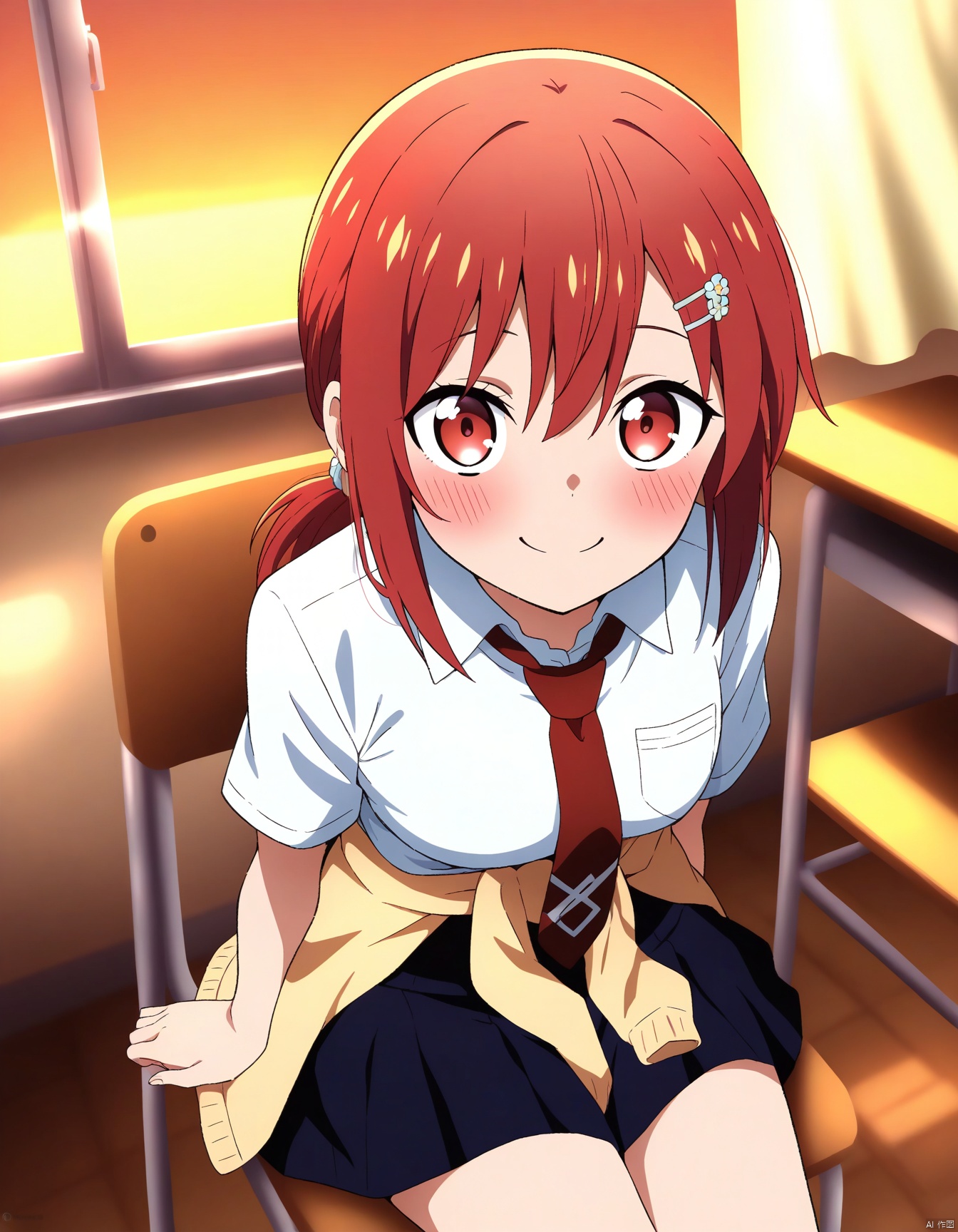  1girl, solo, smile, red hair, hairpin, low ponytail, red eyes,school uniform, red necktie, clothes around waist,hands focus, happy, blush, looking at viewer, looking up, from above, cowboy shot,sitting on chair, school classroom, sunset, curtain, window, wind, masterpiece, best quality, amazing quality, very aesthetic, absurdres