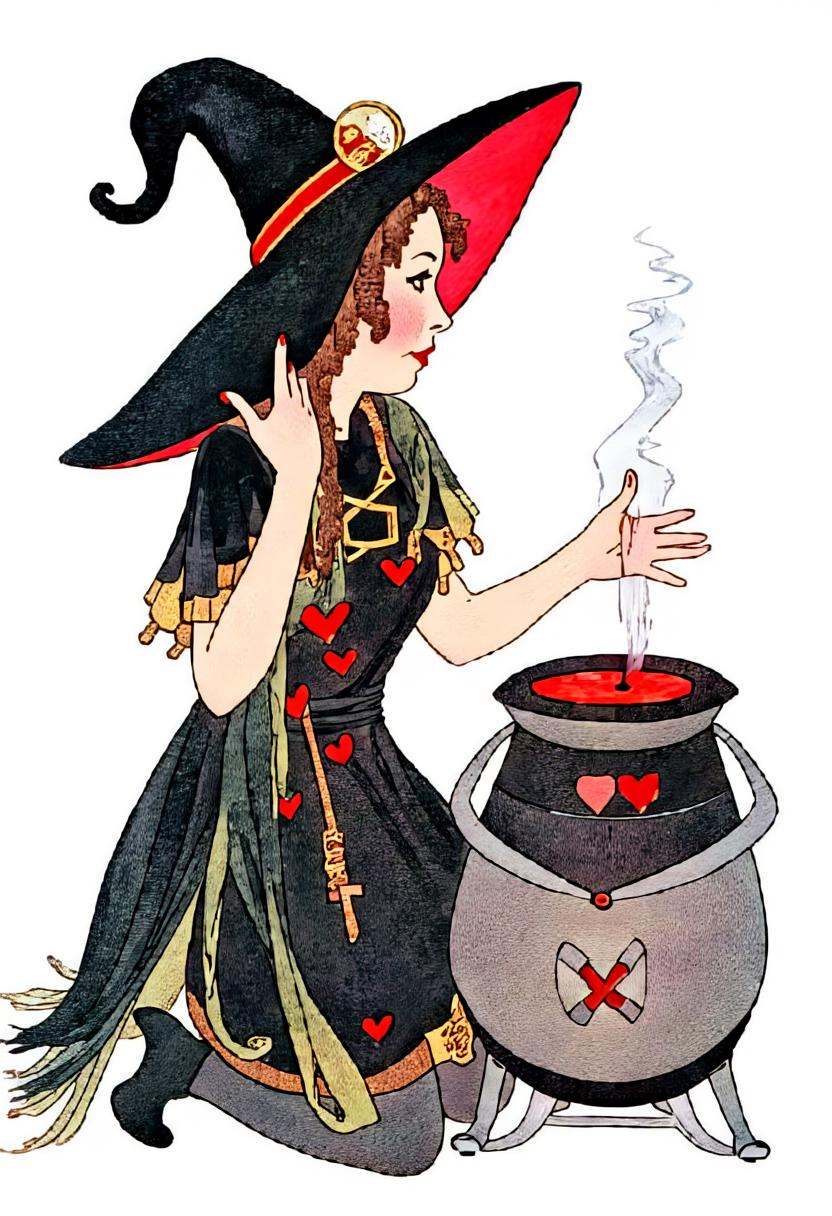 illustration of a futuristic cyber witch making a love potion in her high tech cauldron,  earthkids style on Tensor.Art