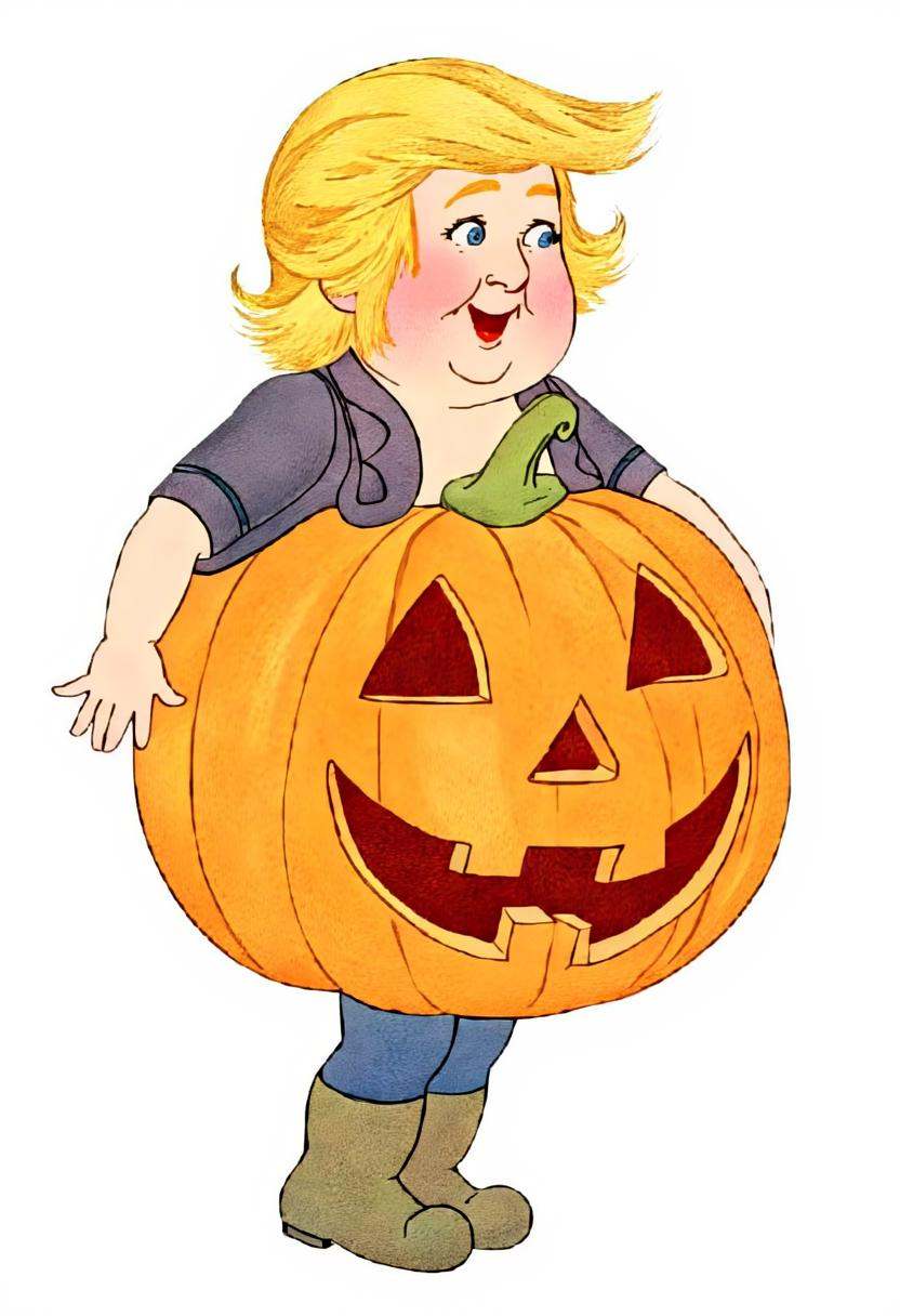 illustration of a donald trump dressed as a pumpkin,  earthkids style on Tensor.Art