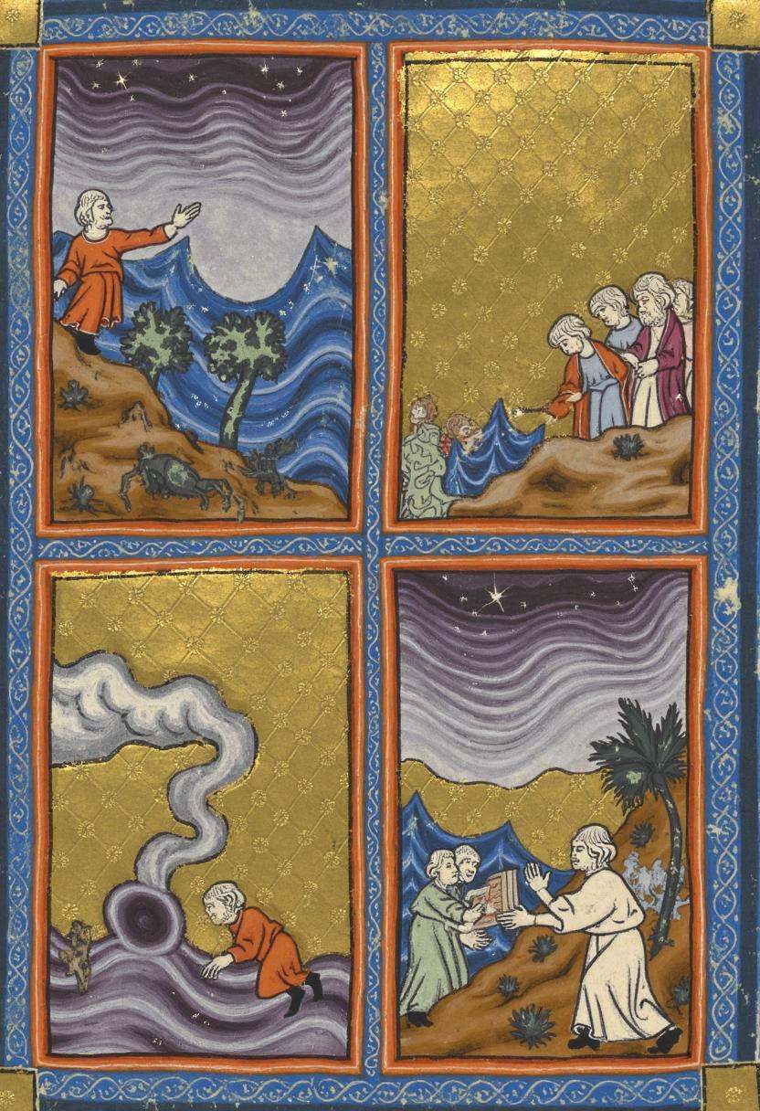 An illuminated manuscript page divided into four equal panels,  each telling a different story from the Jewish Haggadah. I...