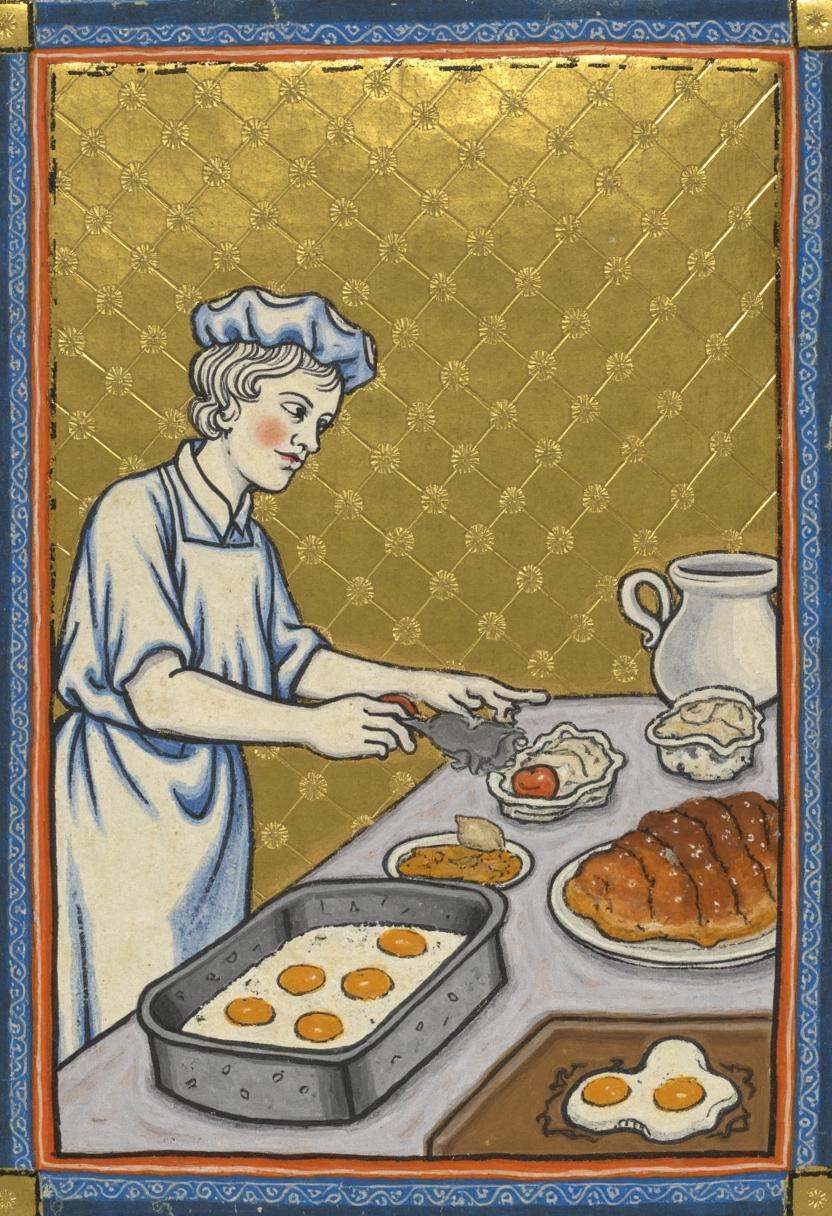 an illuminated manuscript illustration of a line cook making eggs in a diner,  golden haggadah style on Tensor.Art