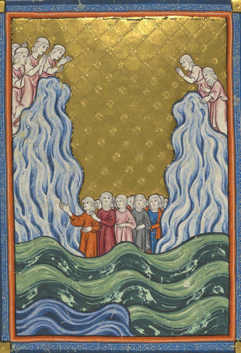 An illuminated manuscript illustration of Moses parting the Red Sea,  with towering walls of water on either side,  surgin...