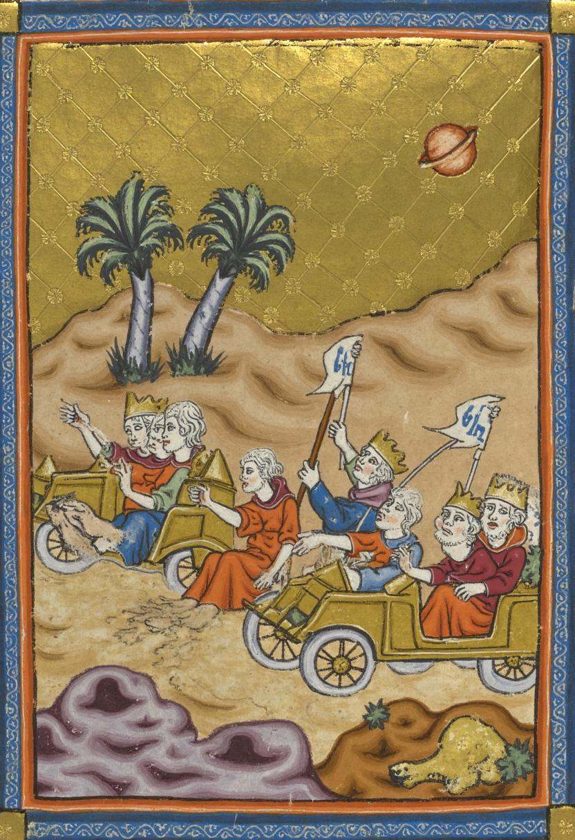 An illuminated manuscript illustration of a thrilling chariot race,  but with ancient,  fantastical cars racing through a...