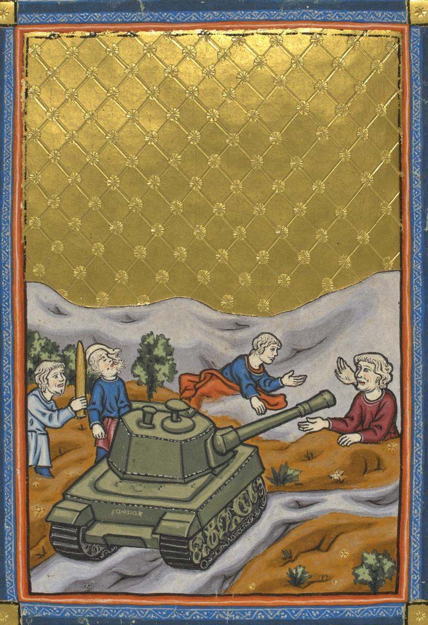 an illuminated manuscript illustration of a **** on the battlefield,  golden haggadah style on Tensor.Art