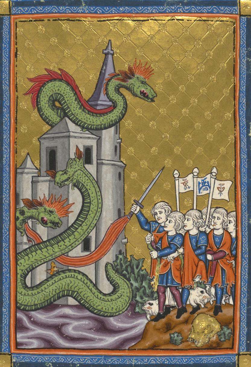 An illuminated manuscript illustration of a fierce dragon coiled around a towering castle,  with knights in ornate armor b...