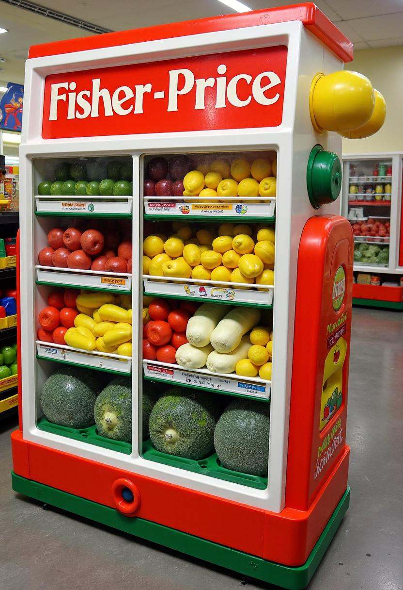 a supermarket isle with fruits and vegetables,  fisher price 80s style on Tensor.Art
