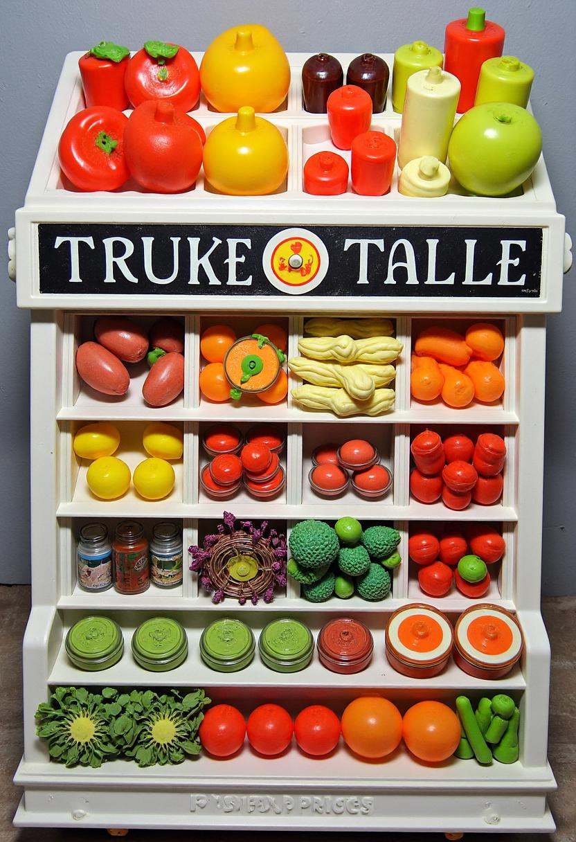 80s fisher price version of a supermarket isle with fruits and vegetables,  FP80S style,  fisher price 80s style on Tensor...