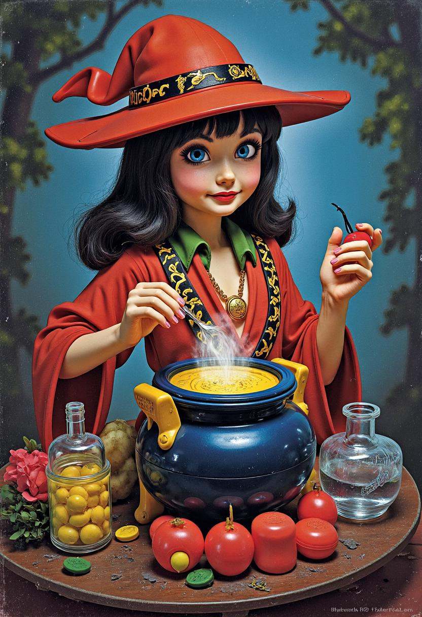 a futuristic cyber witch making a love potion in her high tech cauldron,  fisher price 80s style on Tensor.Art