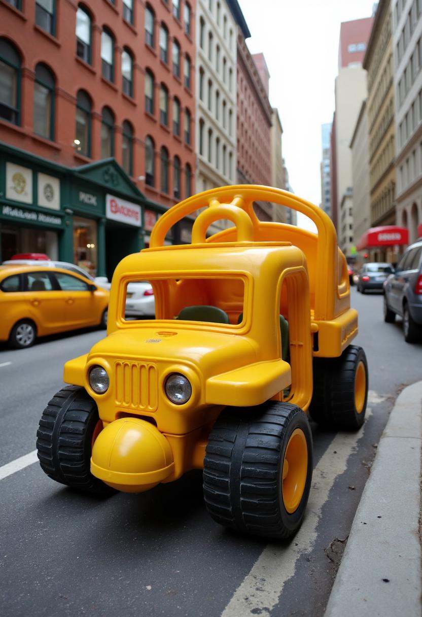 80s fisher price version of a garbage truck on the mean streets of nyc,  FP80S style,  fisher price 80s style on Tensor.Art