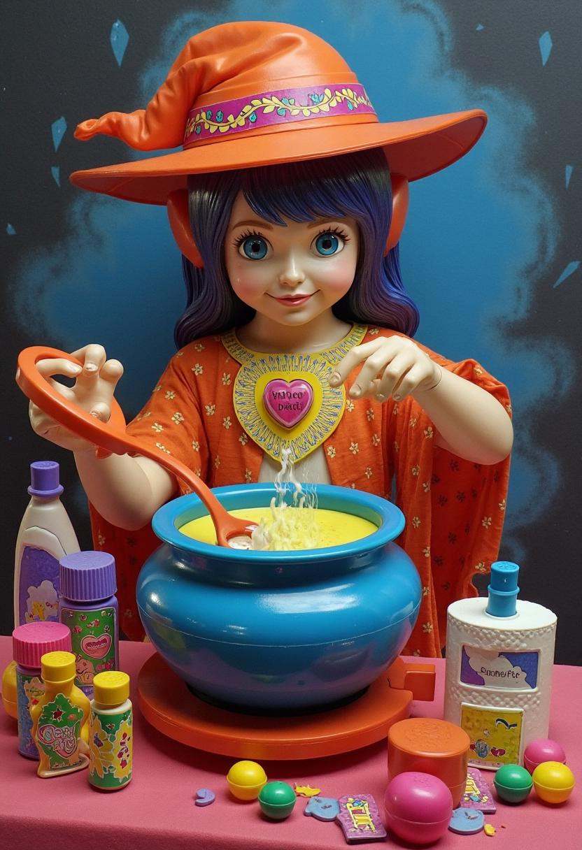 80s fisher price version of a futuristic cyber witch making a love potion in her high tech cauldron,  FP80S on Tensor.Art