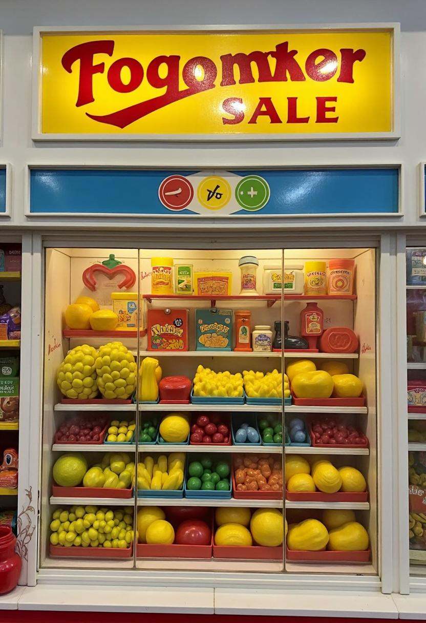 80s fisher price version of a supermarket isle with fruits and vegetables,  FP80S style,  fisher price 80s style on Tensor...