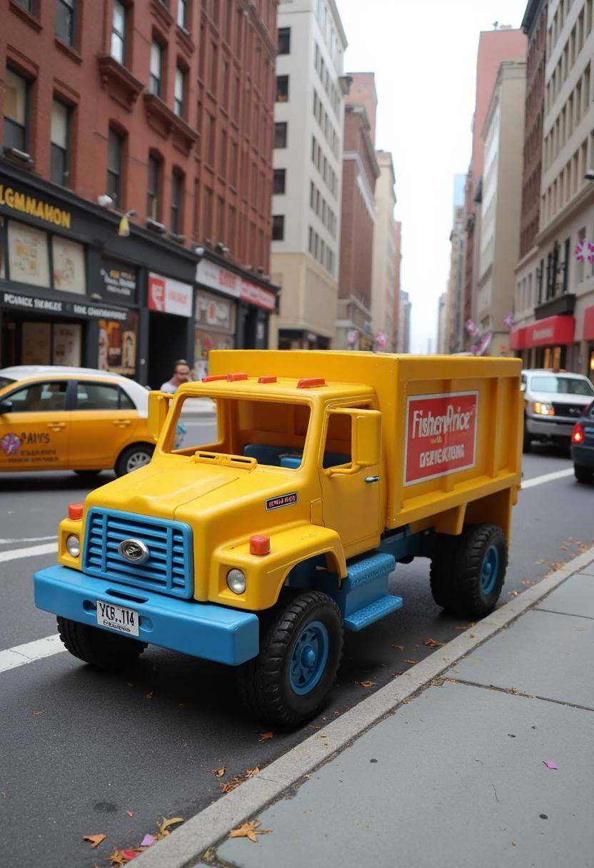 80s fisher price version of a garbage truck on the mean streets of nyc,  FP80S style,  fisher price 80s style on Tensor.Art