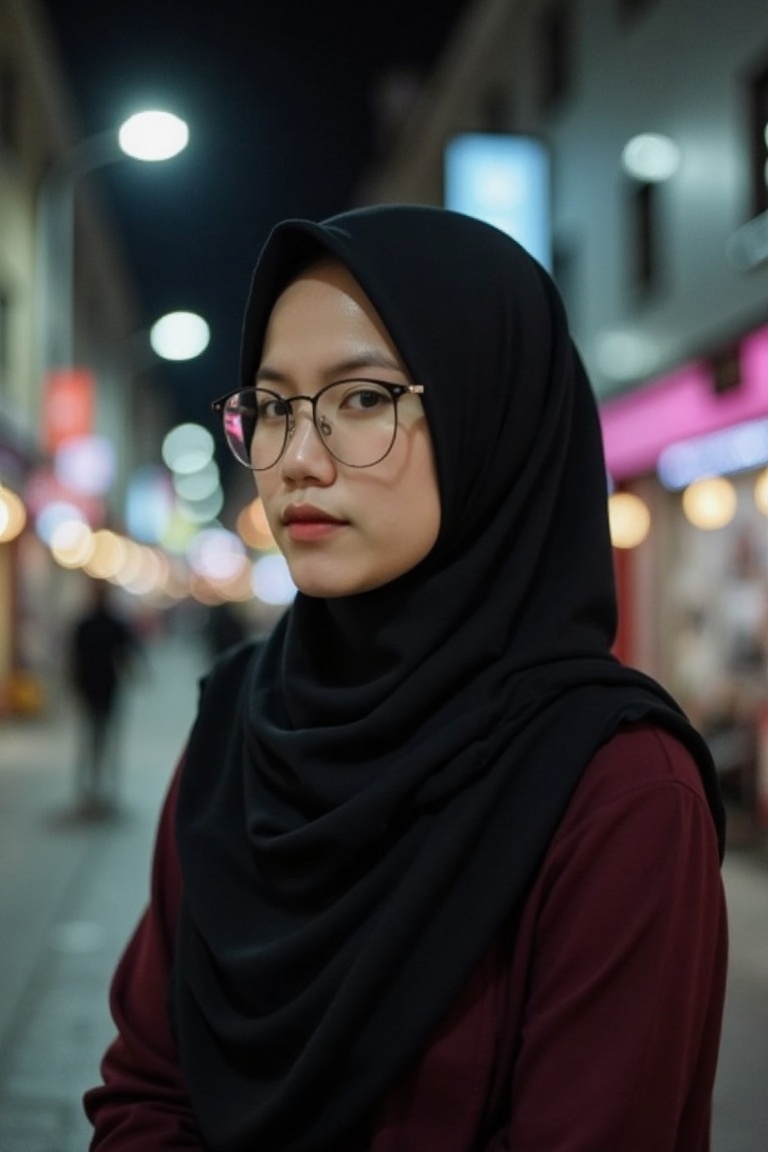 High detail,  A beautiful girl standing in night streets,  hijab on Tensor.Art