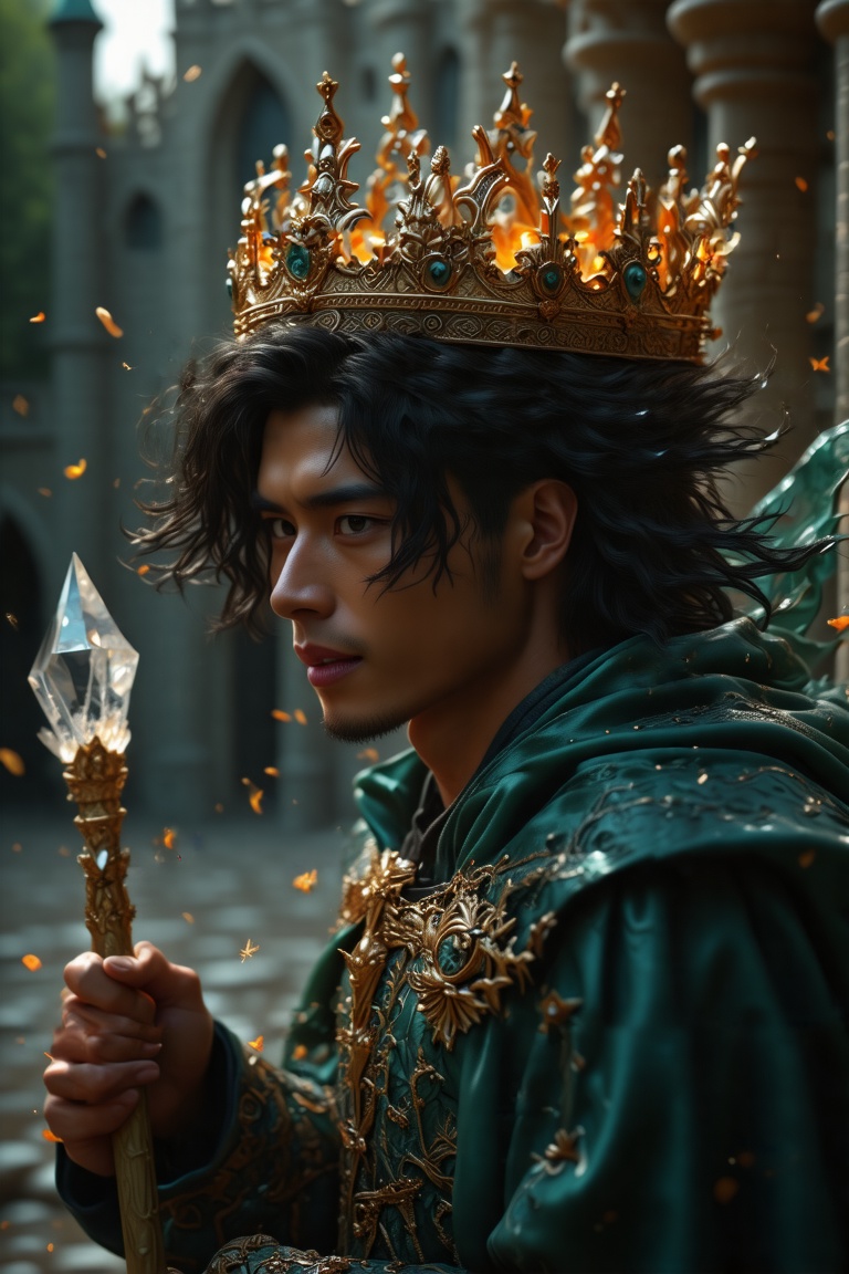 A handsome prince of wind with black hairs,  a complex and gorgeous crown in head,  a complex and gorgeous wand in hand in...