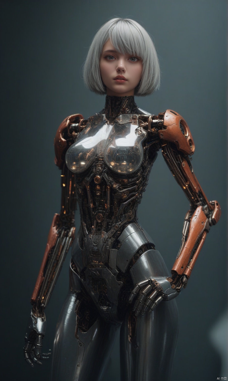 score_9,score_8_up,score_7_up,
1girl,large_breasts,gray_hair,air_bangs,A semi-mechanical girl,her skin is combined with machinery,her body has countless mechanical structures,and her hollow chest contains energy cores and various circuits. The transparent skin contains various luminous bodies,2b \(nier:automata\),semi-mechanical,transparent skin,blood vessel,mechanical structure,complex mechanical structure,taut clothes,mechanical arm,metallic luster,very realistic metallic texture,very perfect metal material, 35mm film photography