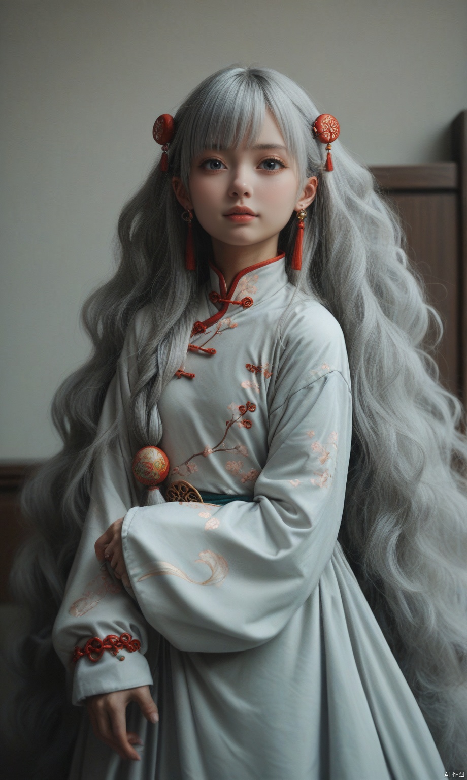 score_9,score_8_up,score_7_up,
1girl,Gray hair,air bangs,very long hair,thick hair,fluffy hair,Chinese clothing,very long dresses,hair accessories,hairpins,loose sleeves,long sleeves,bracelets,earrings,Hanfu,fine costumes,fine textures,