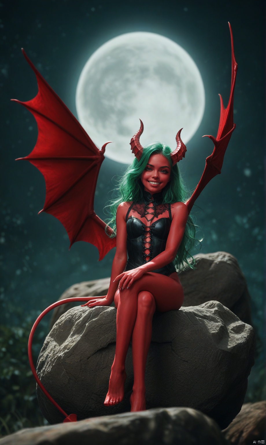 score_9, score_8_up, score_7_up, upper body shot, cute succubus woman, sitting over a rock, completely red skin, gothic, large demon red wings (high resolution textures), long green hair, floating hair, (abstract art), half demon, crimson iris, cat eyes, vampire very long fangs, crossed legs,   detailed, moonlight passing through hair, (full moon background), seductive, innocent, (depth of field), (fine textures details), 35mm film photography
