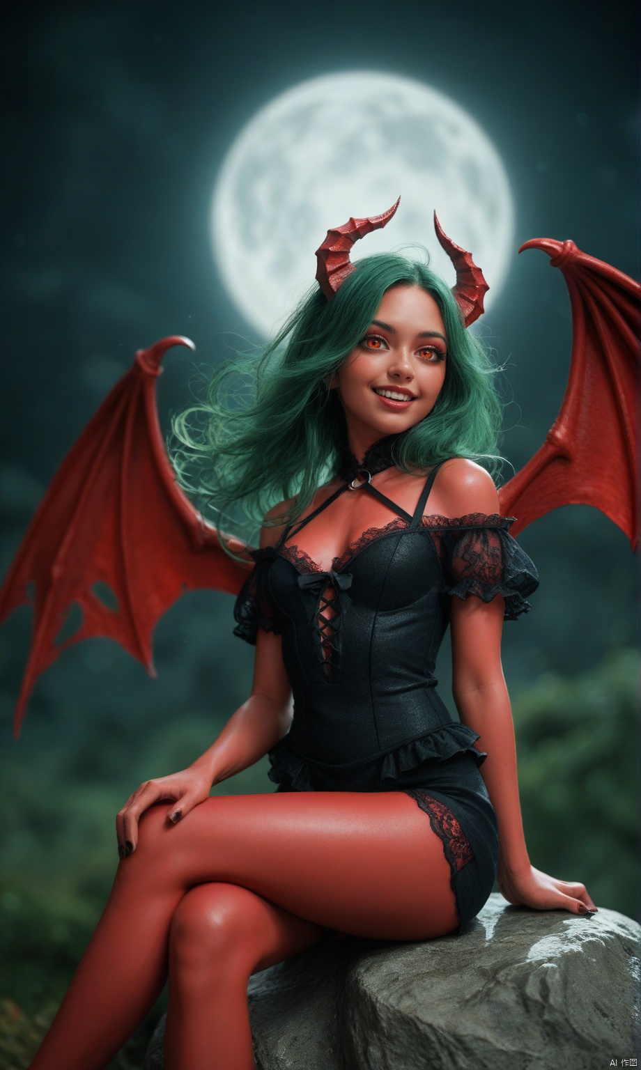 score_9, score_8_up, score_7_up, upper body shot, cute succubus woman, sitting over a rock, completely red skin, gothic, large demon red wings (high resolution textures), long green hair, floating hair, (abstract art), half demon, crimson iris, cat eyes, vampire very long fangs, crossed legs,   detailed, moonlight passing through hair, (full moon background), seductive, innocent, (depth of field), (fine textures details), 35mm film photography