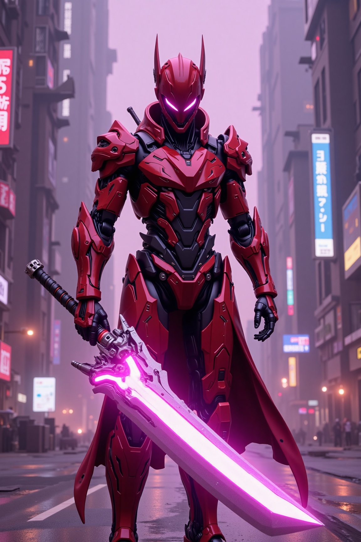 Image in Mechborg style.A red-armored figure wielding a long pink energy katana,  surrounded by futuristic buildings and b...