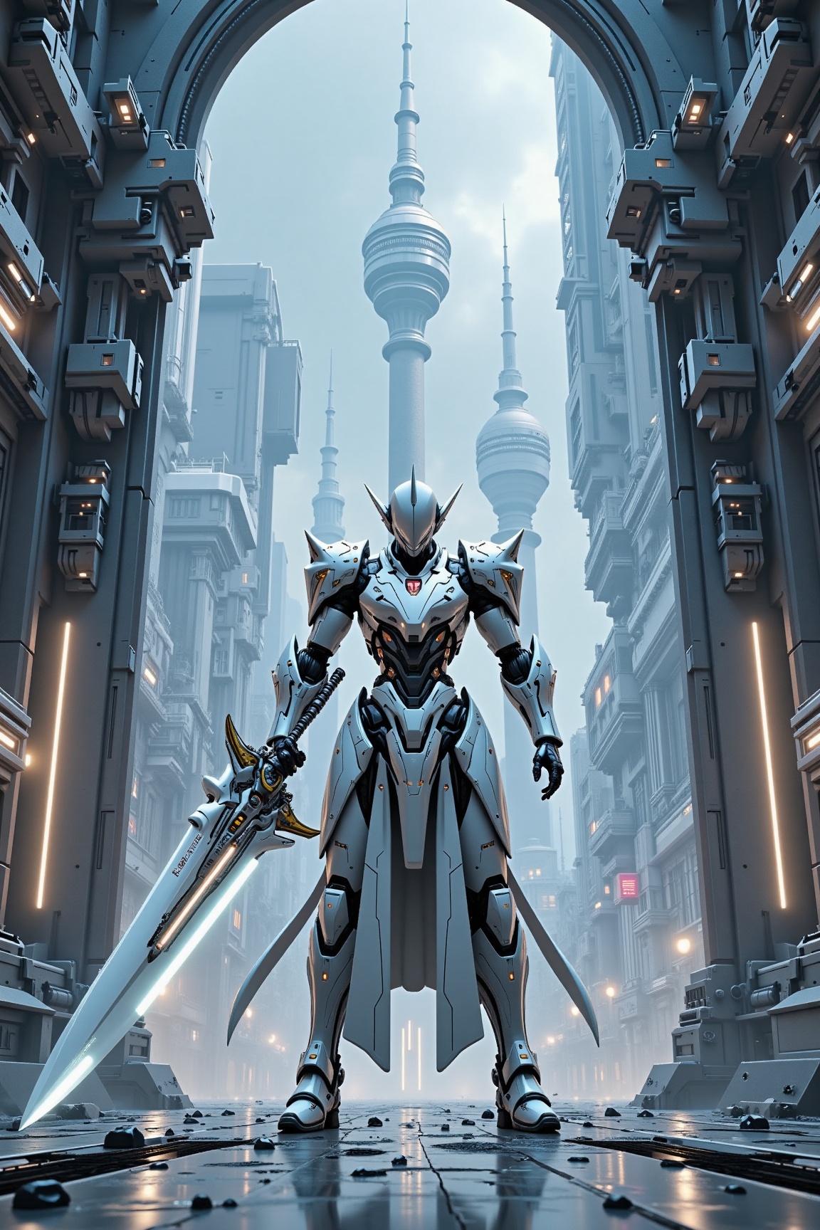 Image in Mechborg style. A majestic white and silver-armored warrior standing in front of a massive gate with neon symbols...