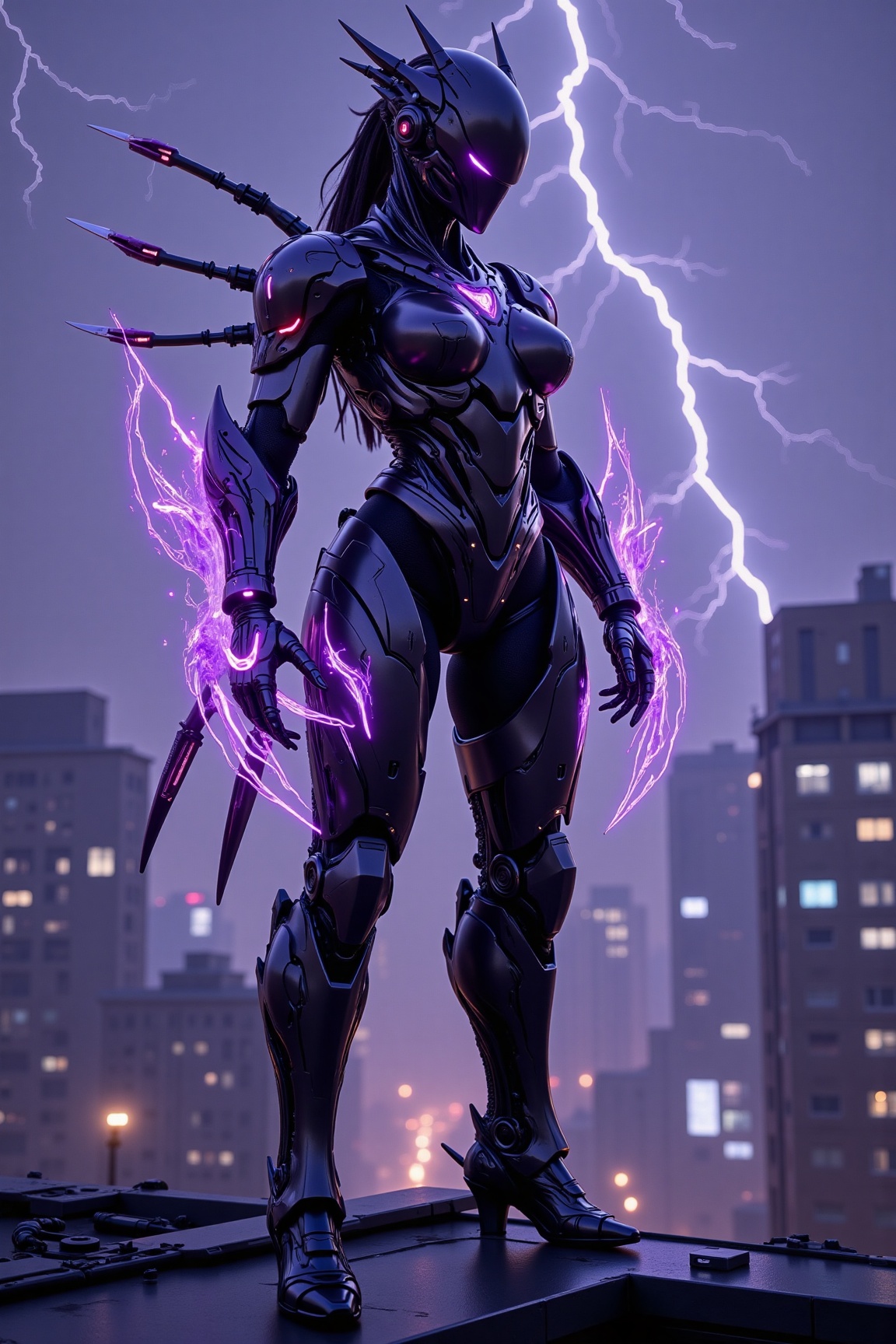 Image in Mechborg style of A woman in black and purple cyber armor,  with futuristic,  floating gauntlets glowing with pur...