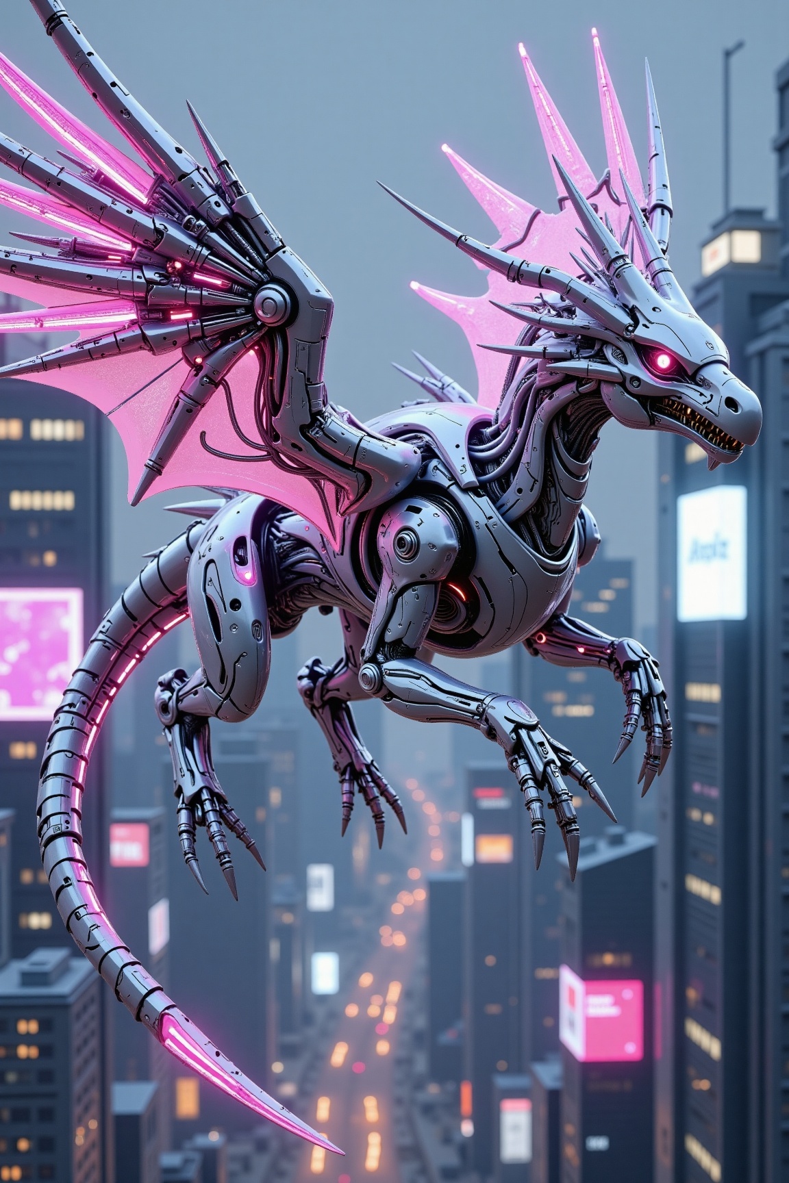 Image in Mechborg style of A metallic dragon with silver scales and neon pink circuitry,  flying over a futuristic city wi...