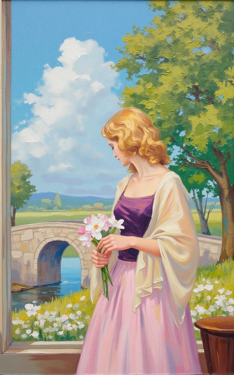 A vibrant NeoPigma artwork depicting a young girl standing by a window,  gazing out into a picturesque landscape. The woma...