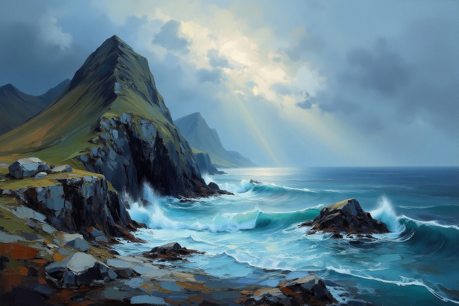 A dramatic abstract and impressionistic NeoPigma style scenery of a large mountain side facing a stormy ocean. Rule of thi...