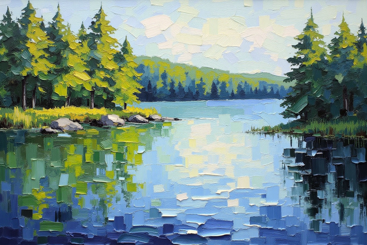 A NeoPigma style impressionistic painting using patched,  thick,  visible brushstrokes conjuring up an impression of a lak...