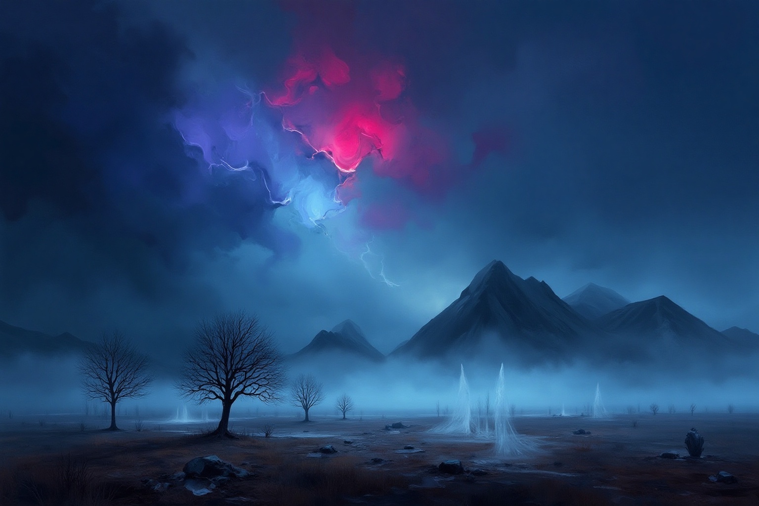 An abstract NeoPigma style artwork. It depicts a vast,  mist-shrouded landscape stretches under a dark,  moody sky on Tens...