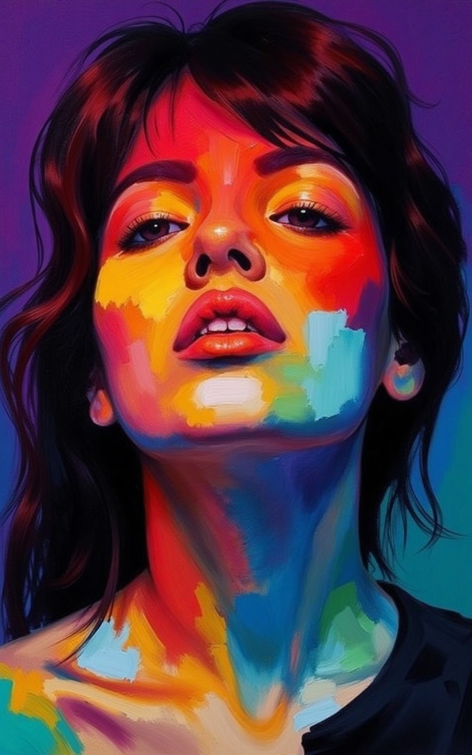 A NeoPigma style portrait of a young woman with expressive,  thick brushstrokes and vibrant,  exaggerated colors. Her chee...