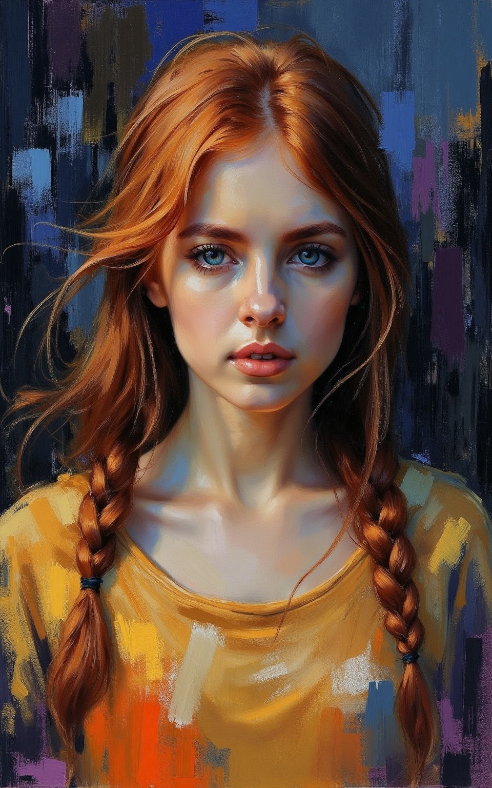 A NeoPigma style artwork of a young woman with striking features. The subject is a Caucasian woman with fair skin and long...