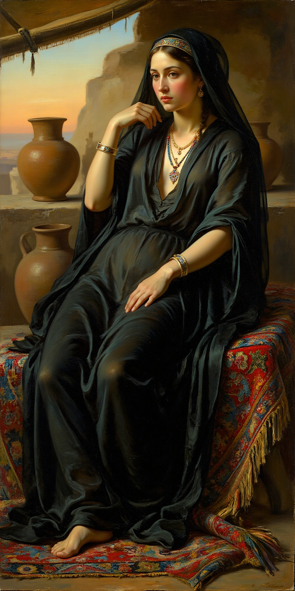 "A recreation of An Egyptian Pot Seller at Giza by Elisabeth Jerichau Baumann",  "A woman reclining on a richly decorated...