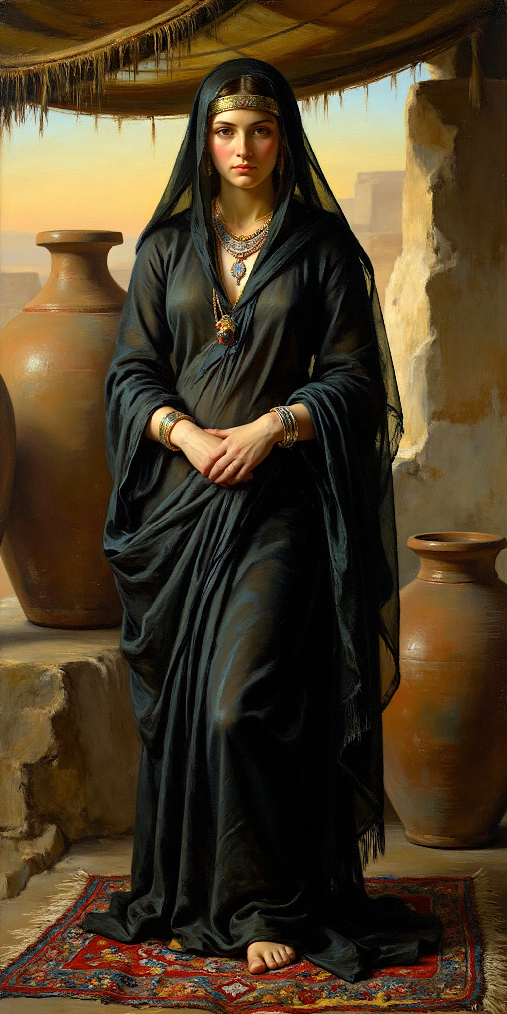 "A recreation of An Egyptian Pot Seller at Giza by Elisabeth Jerichau Baumann",  "A woman standing on a richly decorated r...