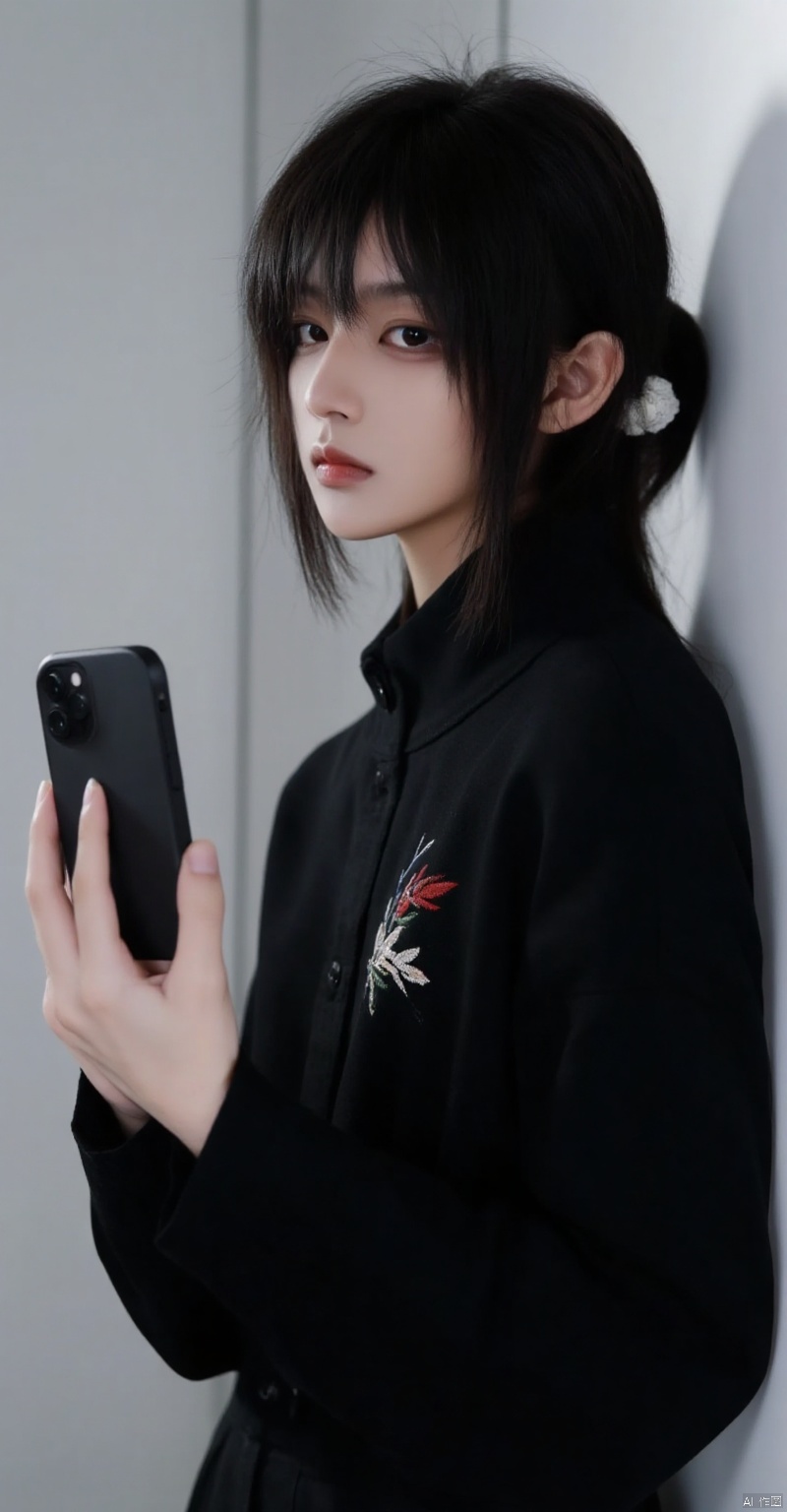 aoinll,(black outfit,embroidered chest,long hair,hair accessory,holding smartphone,black case,plain background,light-colored background),(best quality,4k,8k,highres,masterpiece:1.2),ultra-detailed,(realistic,photorealistic,photo-realistic:1.37),beautiful detailed eyes,beautiful detailed lips,extremely detailed eyes and face,long eyelashes,modern style,slim figure,confident expression,smart casual,side view,standing pose,soft lighting,studio lighting,subtle shadows,smooth skin,high contrast,sharp focus,physically-based rendering,extreme detail description,professional,vivid colors,bokeh,clean and simple composition,contemporary fashion,portraits,fine art photography