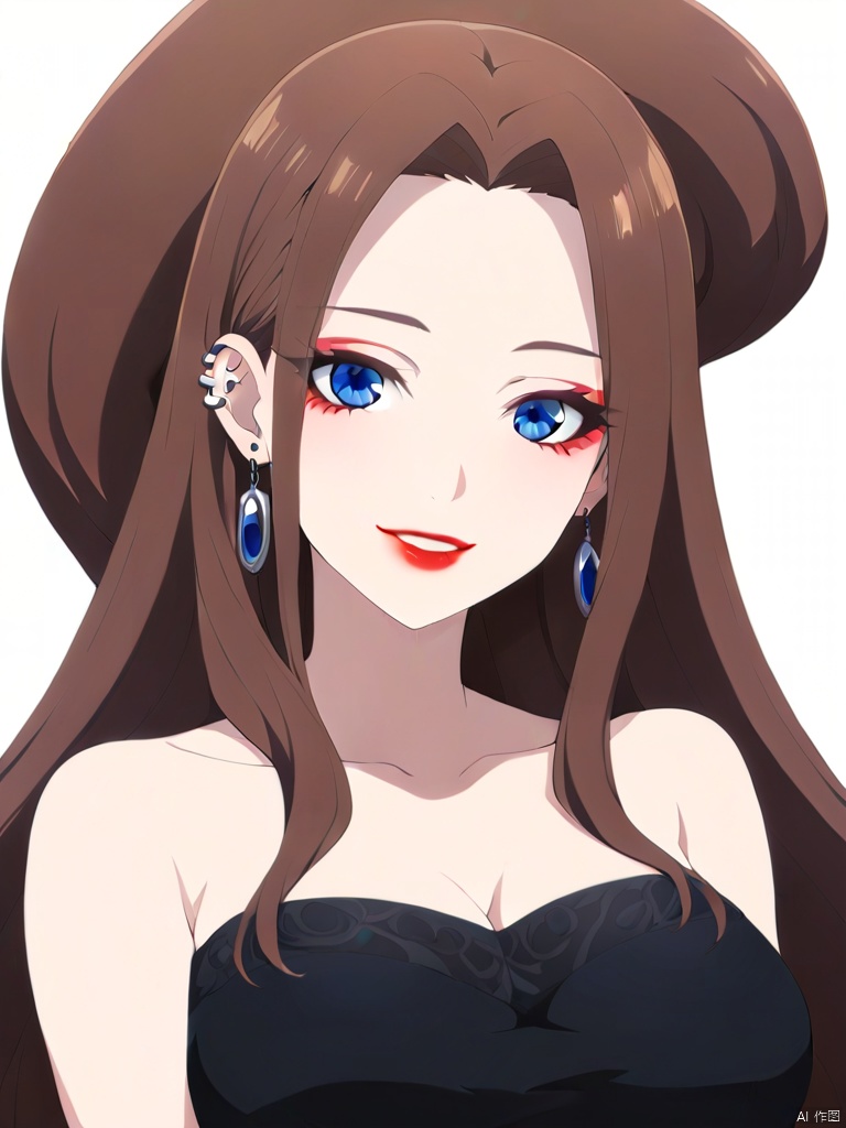 ,MAtsss,1girl, solo, long_hair, looking_at_viewer, smile, blue_eyes, brown_hair, white_background, dress, jewelry, collarbone, earrings, parted_lips, black_dress, makeup, piercing, ear_piercing, portrait, red_lips, hair_behind_ear, animification,